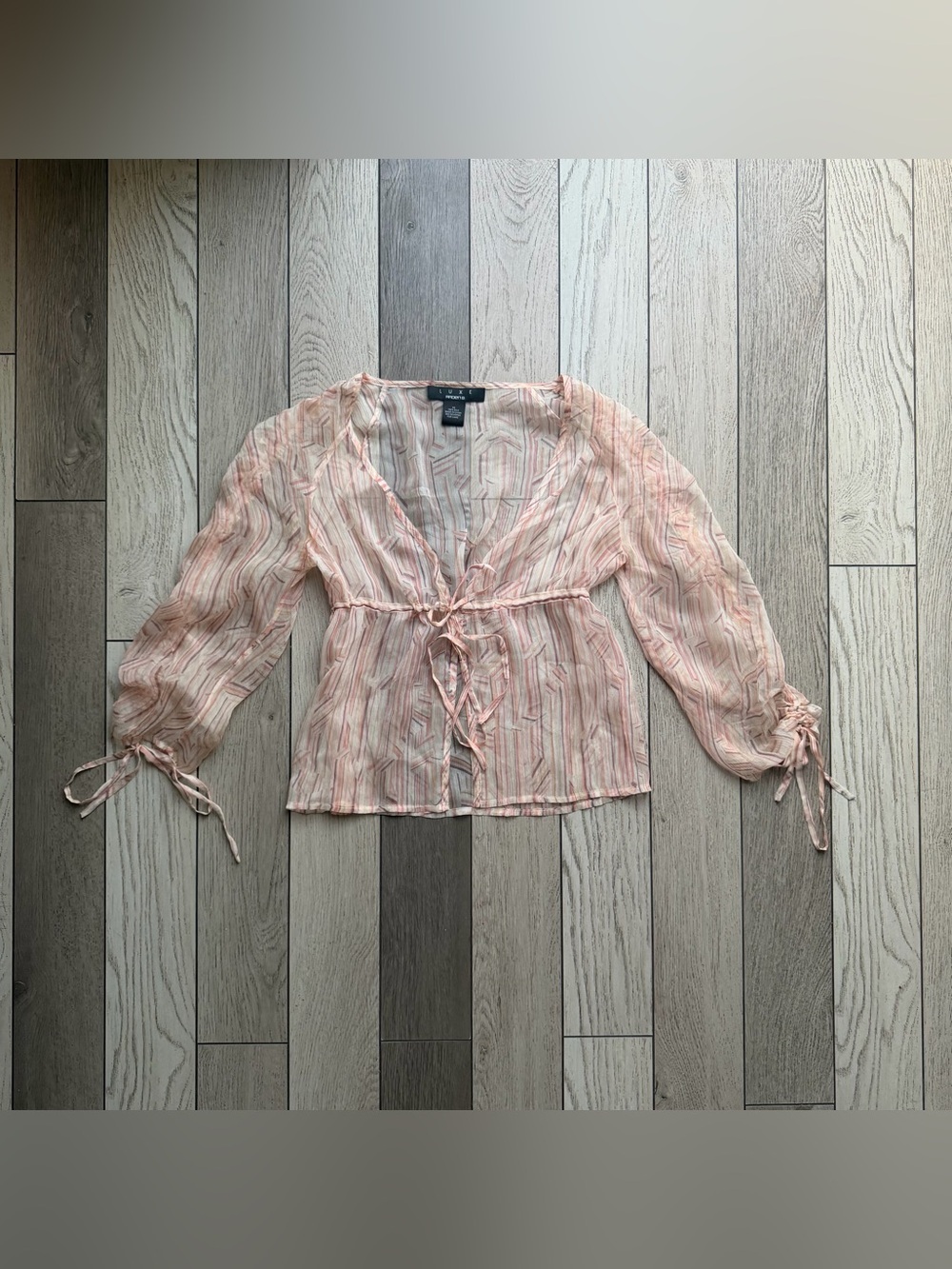 LUXE Arden B Sheer Peach-Striped Tie-Front Blouse XS 100% silk
